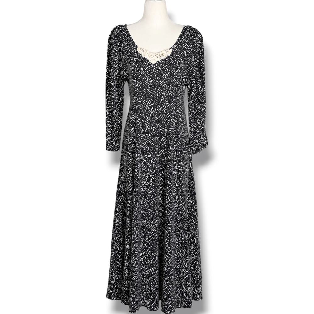 Vintage Romantic Prairie Midi Dress Cottagecore Coquette Black White Polka Dot